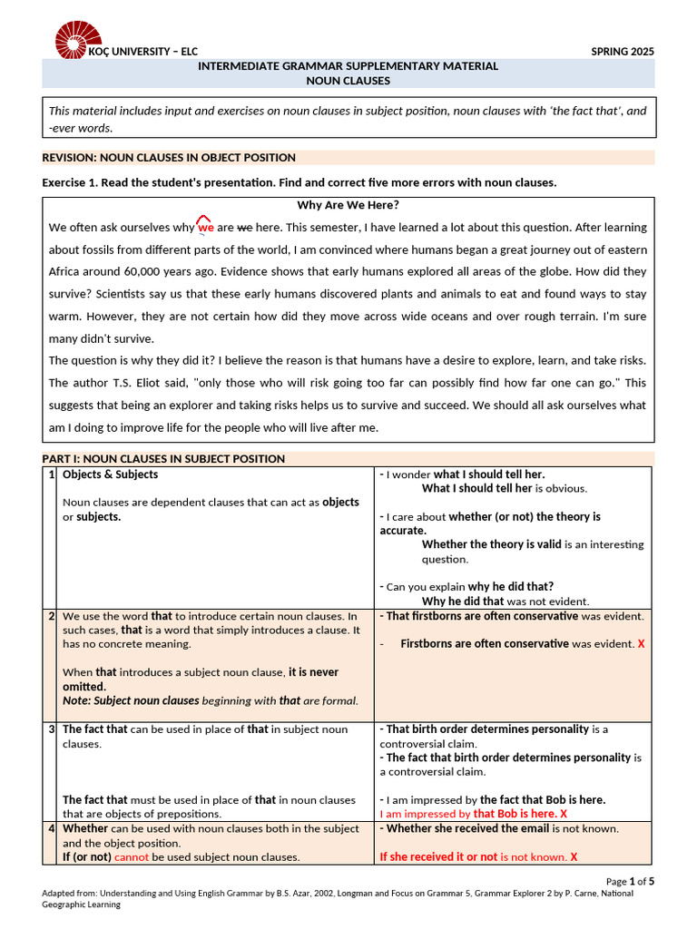 INT Supp - Grammar Noun Clauses | PDF | Clause | Subject (Grammar)