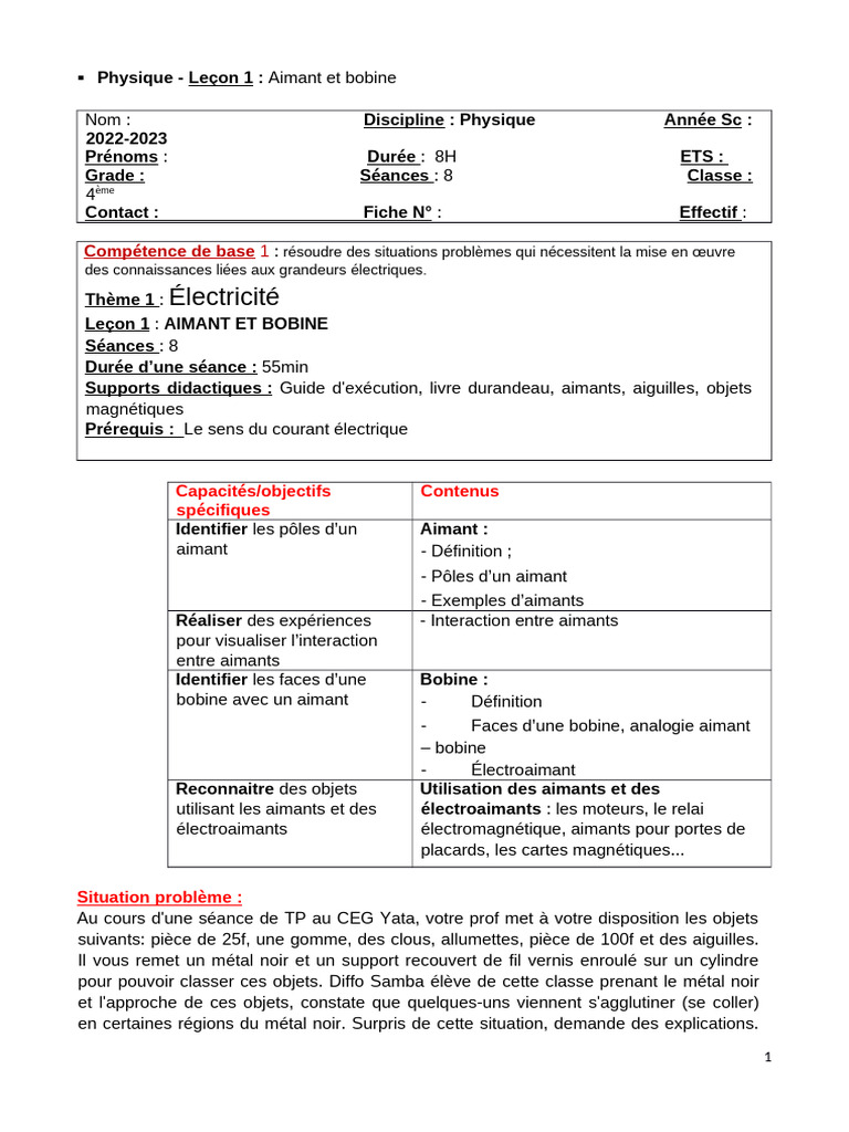 Aimant et bobine en 4ème Cours PDF PDF Générateur électrique — free download