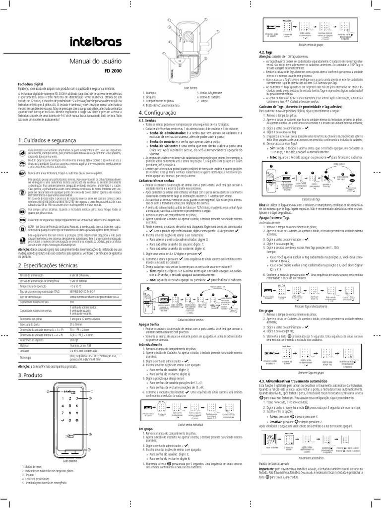 Manual da Fechadura Intelbras FD 2000 | PDF | Senha | Teclado de computador