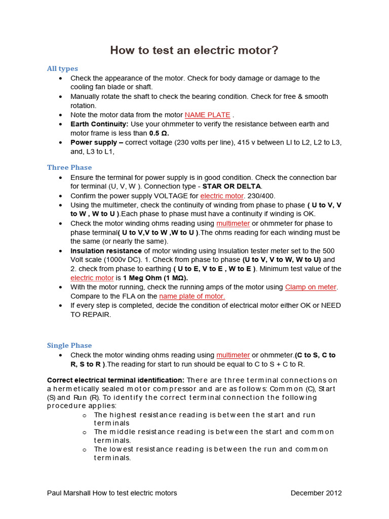 Electric Motor Testing Guide | PDF | Electrical Components | Quantity