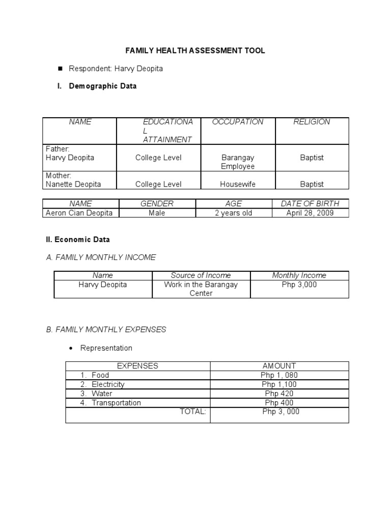Family Health Assessment Tool: Name Educationa L Attainment Occupation ...