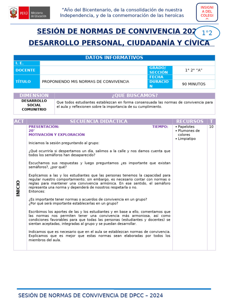DPCC 1° 2° - Sesión de Normas de Convivencia | PDF | Psicología Social