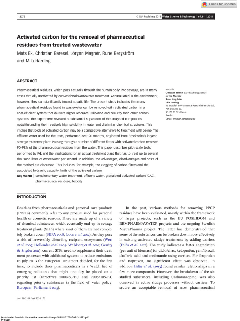 Activated Carbon For The Removal of Pharmaceutical | PDF | Sewage ...