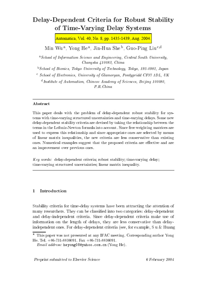 Delay Dependent Criteria For Robust Stability | PDF