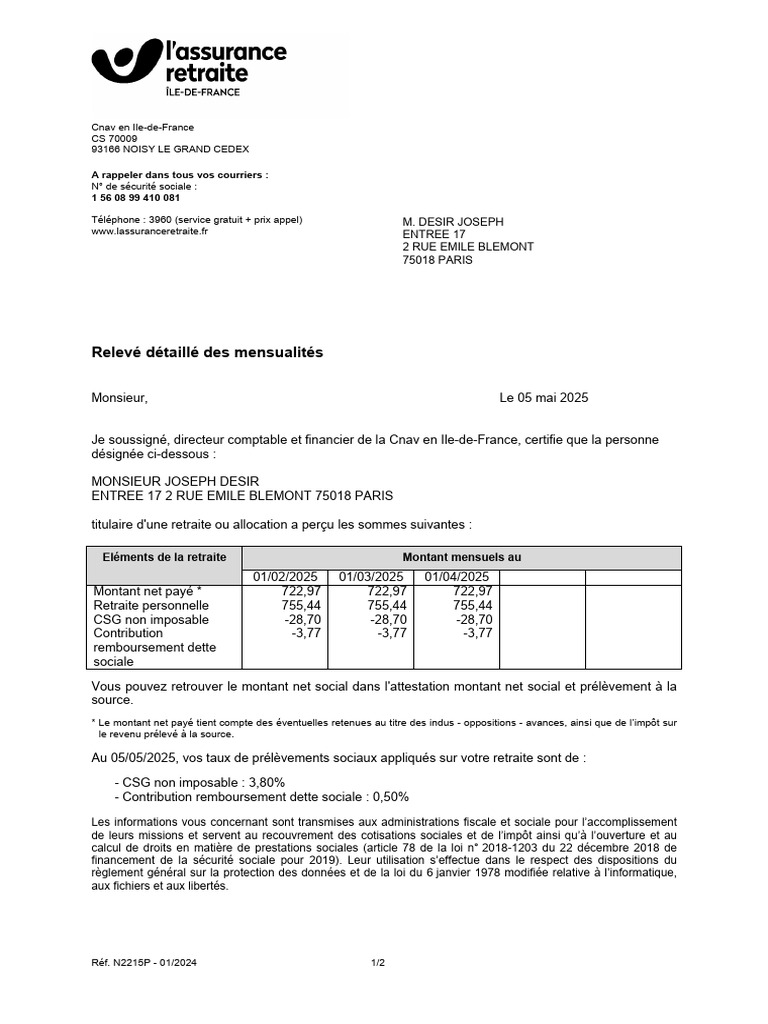 Attestation de retraite de M. Desir | PDF | Impôts | Financement du ...