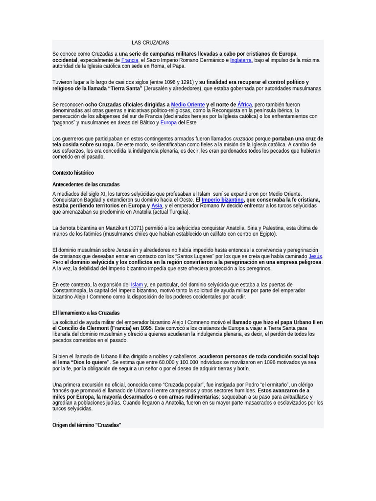 Historia de las Cruzadas: Orígenes y Motivos | PDF | Cruzadas | imperio ...