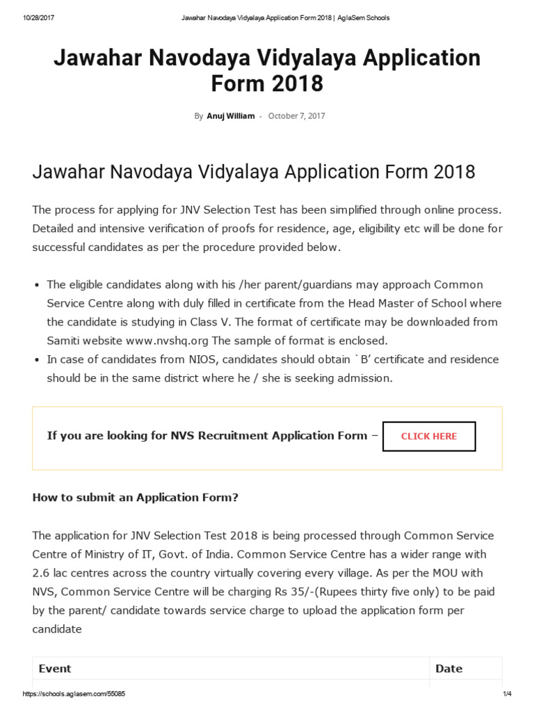 JNV Class 6 Application Guidelines 2018 | PDF