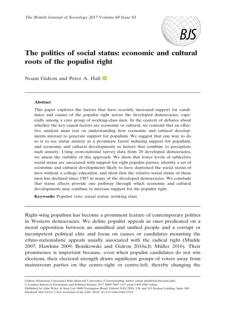 British Journal of Sociology - 2017 - Gidron - The Politics of Social ...