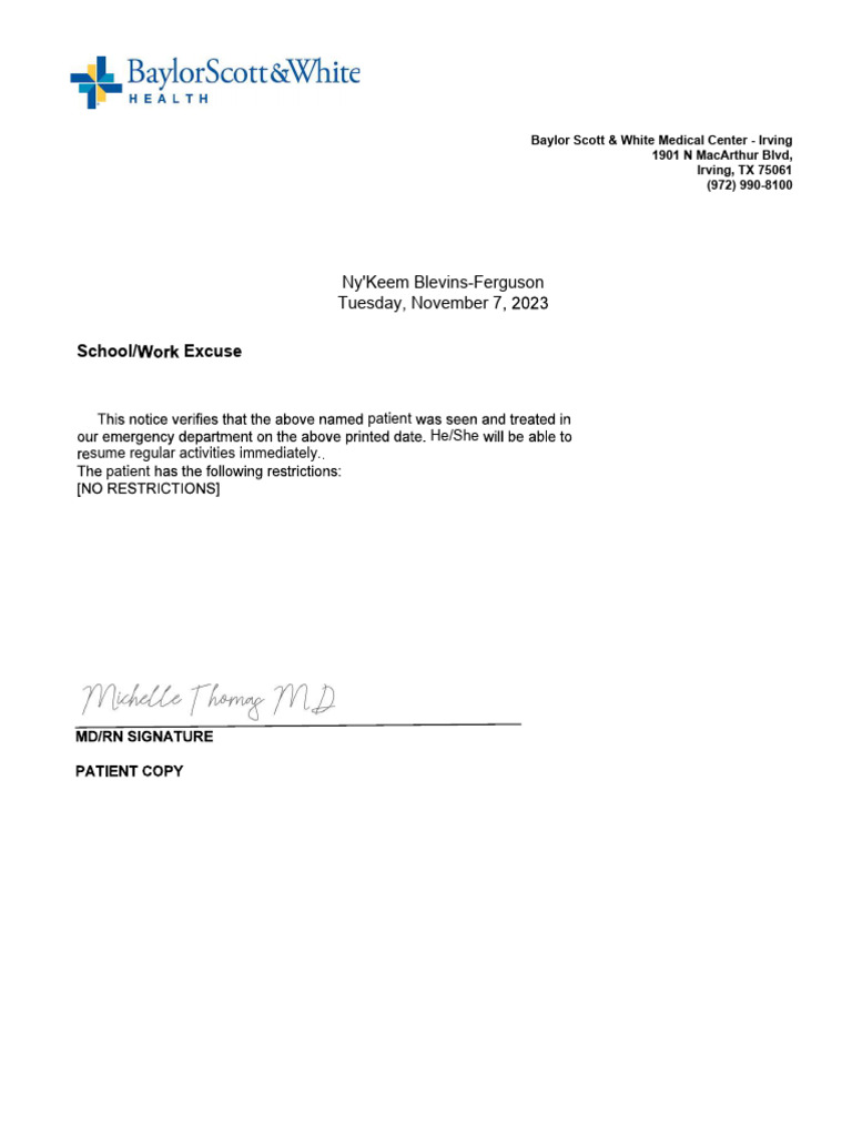 Baylor Scott & White Excuse Note | PDF