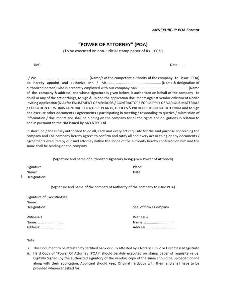 Power of Attorney (POA) Format Template | PDF | Power Of Attorney ...