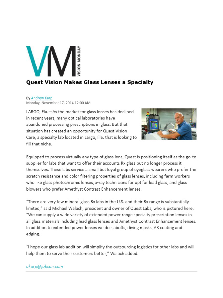 Quest Vision: Specialty Glass Lenses | PDF