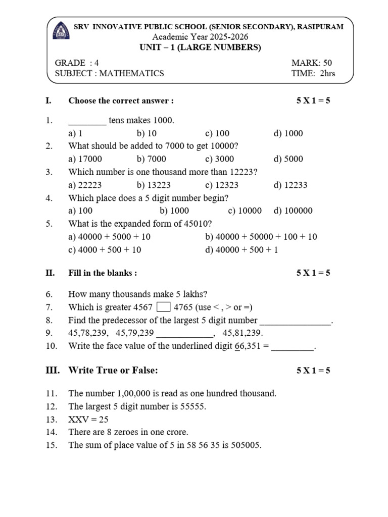 Grade 4 Mathematics Worksheet | PDF | Numbers | Mathematics