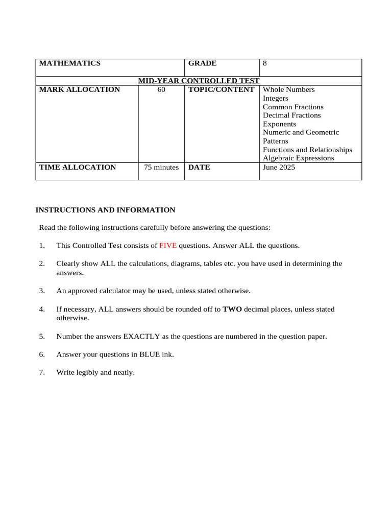 Grade 8 Maths June 2025 Test Paper | PDF | Numbers | Integer