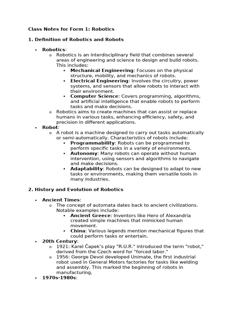 Form 1 Robotics Class Notes | PDF | Robot | Robotics