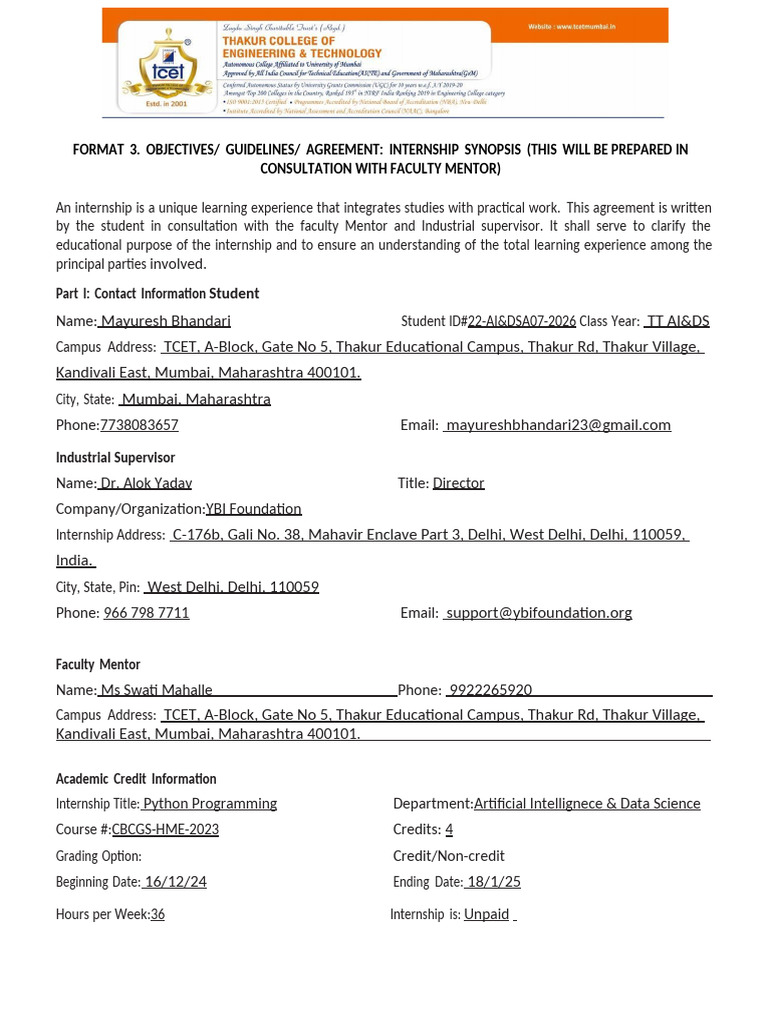 Format 3. Objectives Guidelines Agreement Internship Synopsis (This ...
