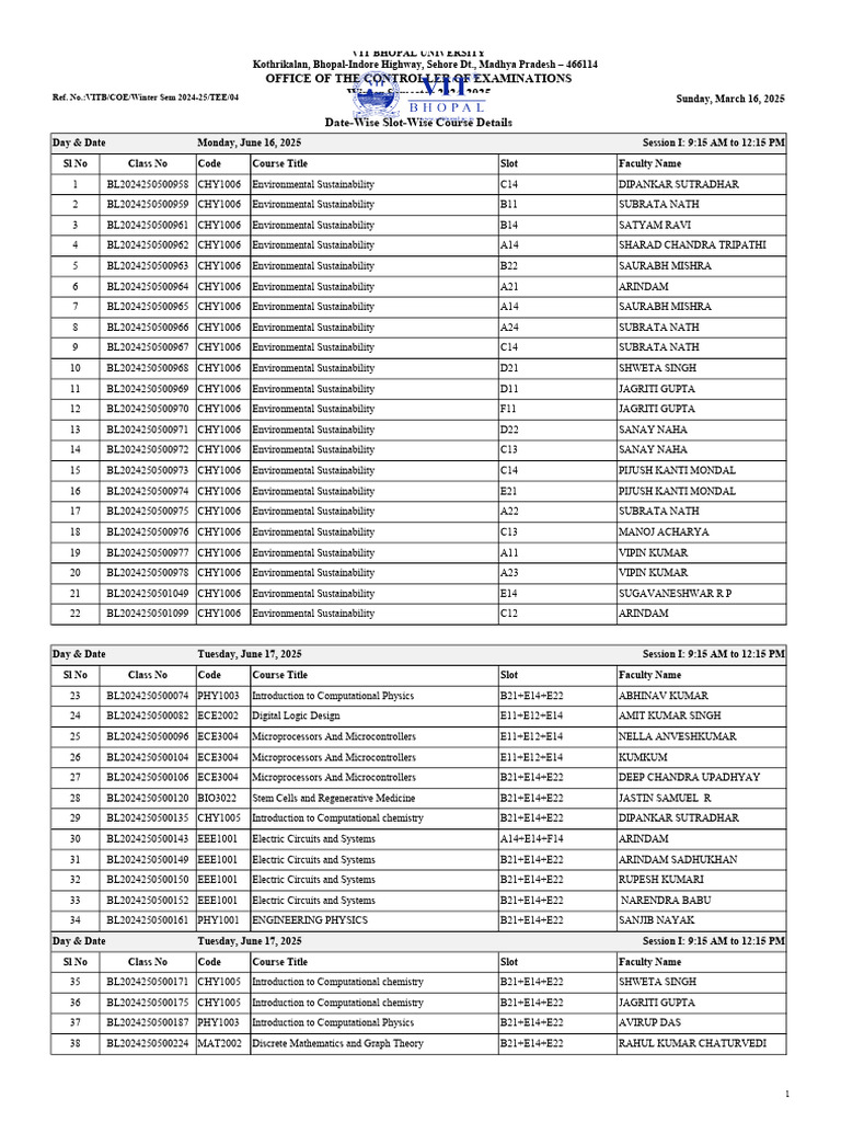 VIT Bhopal Course Schedule 2025 | PDF | Discrete Mathematics | Mathematics