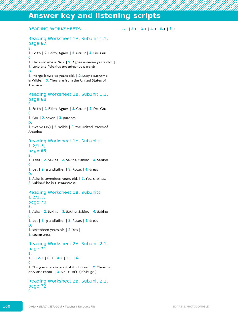 Answer Key for Reading Worksheets | PDF