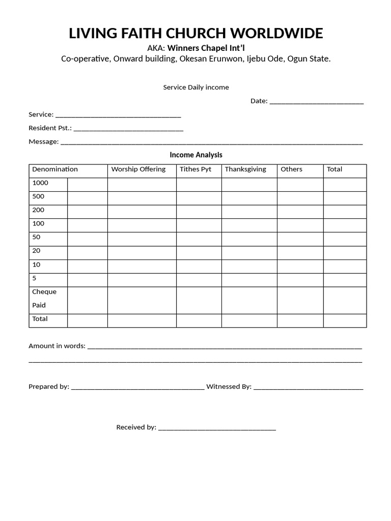 Living Faith Church Service Income Form | PDF