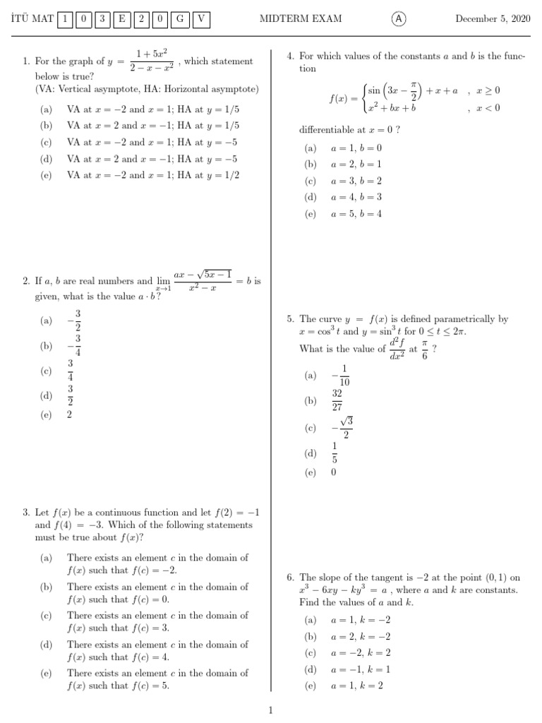 Calculus Midterm Exam Questions | PDF | Differential Calculus | Subtraction