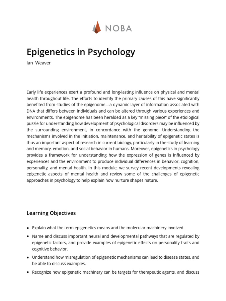 Epigenetics and Mental Health Insights | PDF | Epigenetics | Dna ...