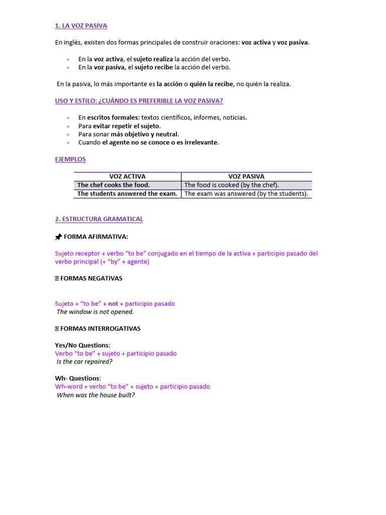 Uso y Estructura de la Voz Pasiva en Inglés | PDF | Verbo | Asunto ...