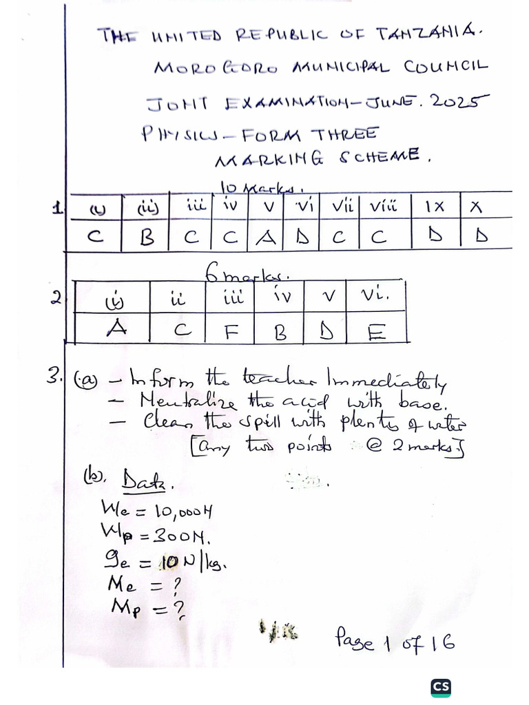 Form Three Phy Marking Scheme | PDF