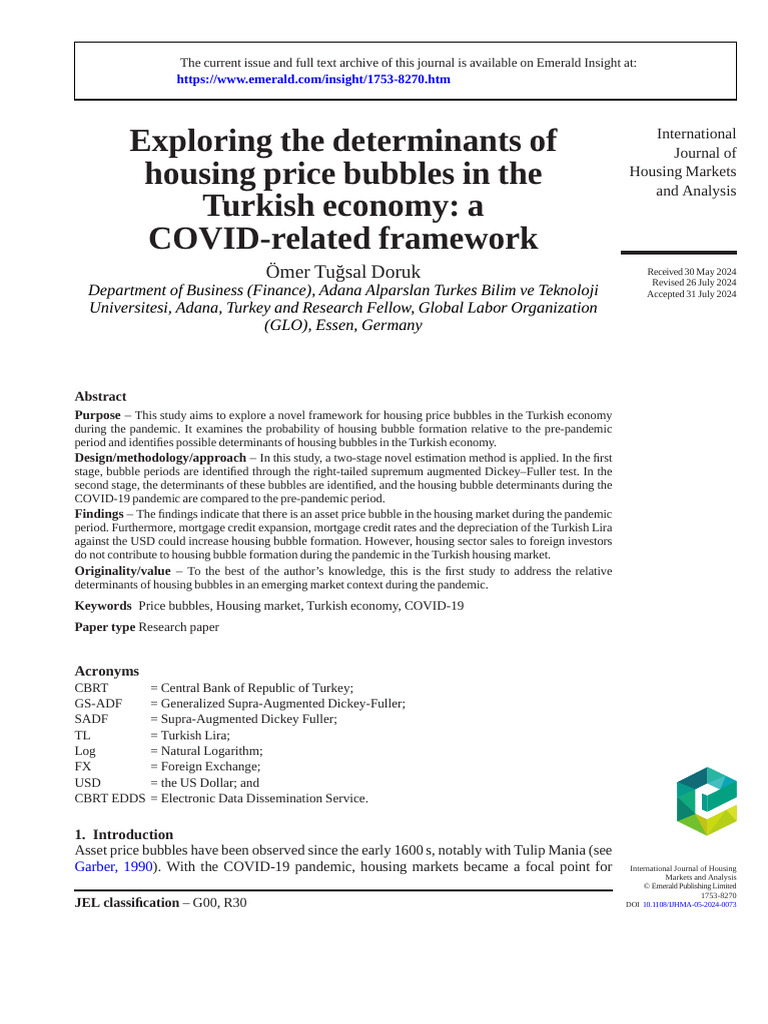 Exploring The Determinants of Housing Price Bubbles in The Turkish ...