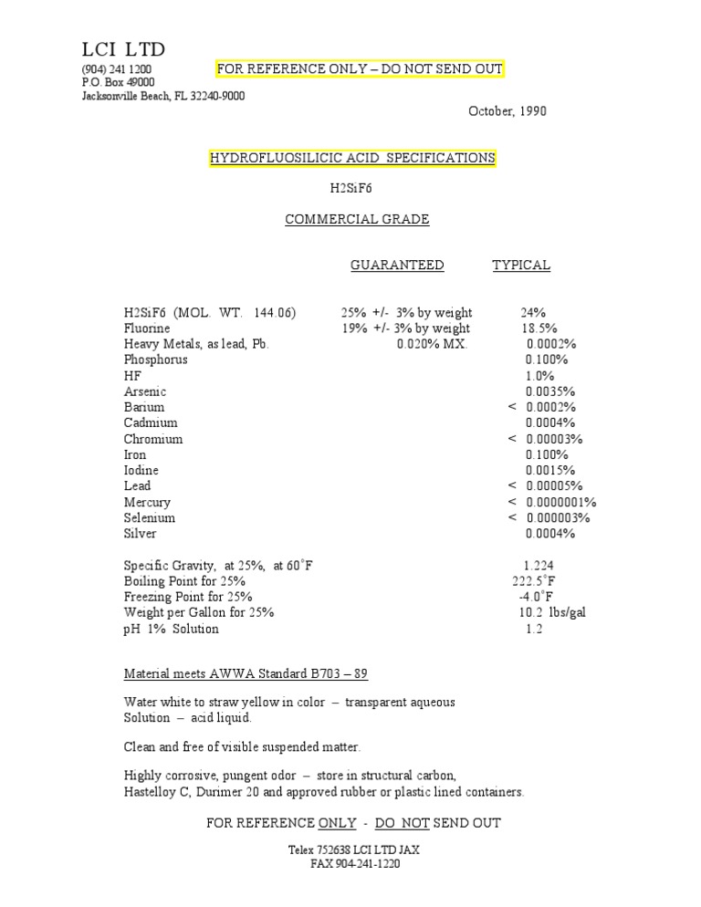 Hydrofluosilicic Acid Specifications | PDF