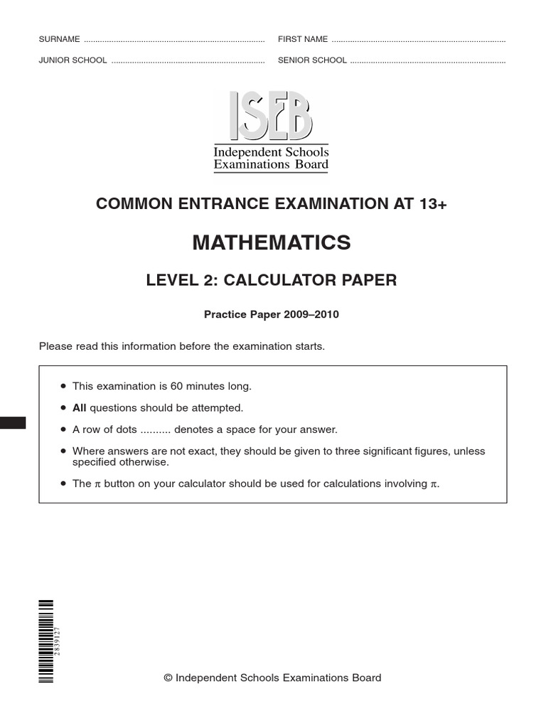 13+ Mathematics Practice Paper 2009-2010 | PDF | Area | Litre