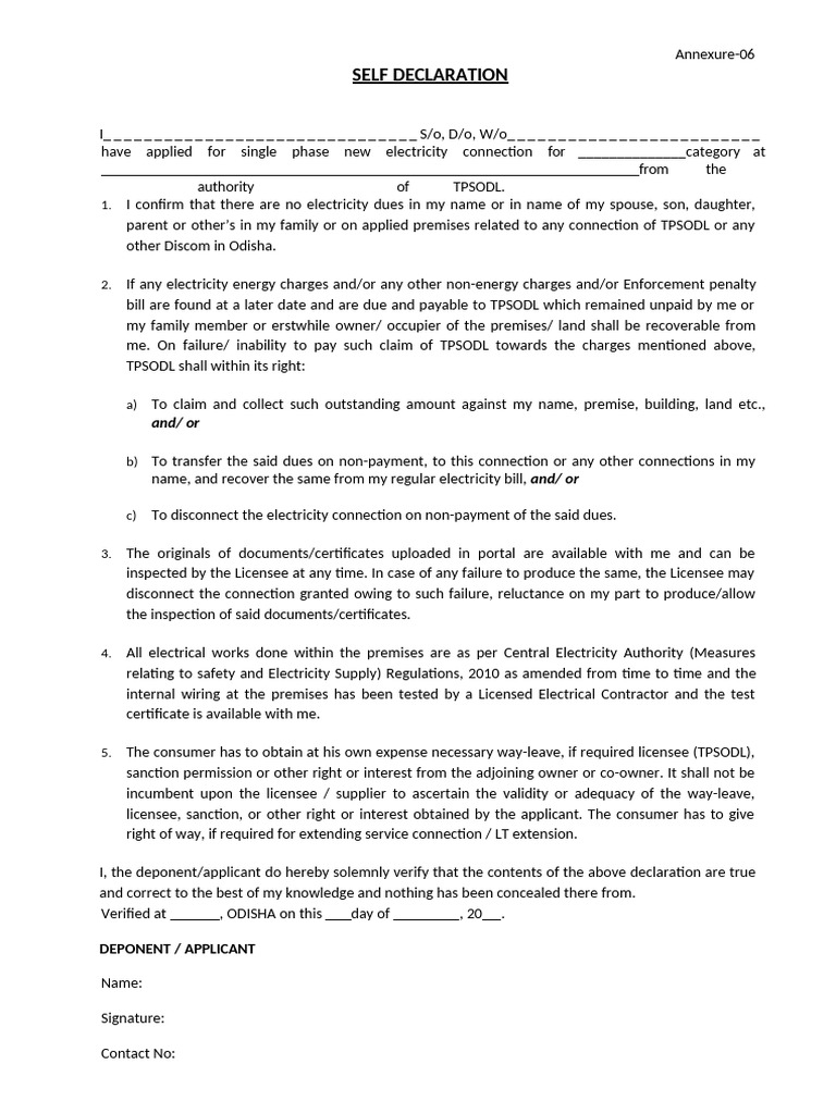 Self Declaration for Electricity Connection | PDF