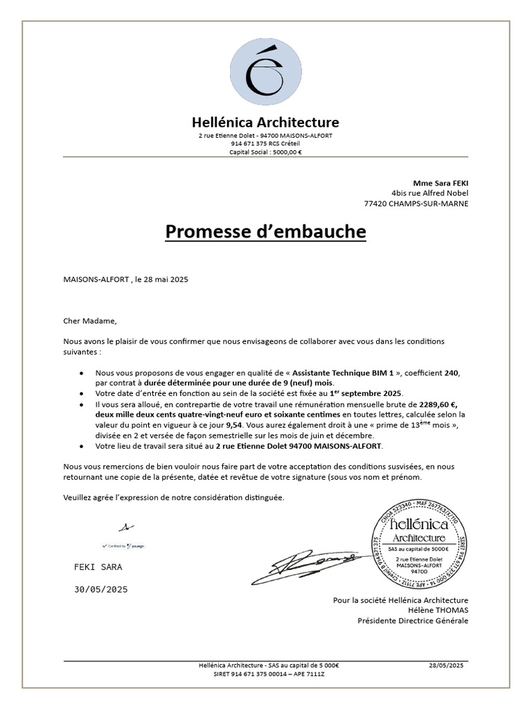 Promesse d'embauche pour Assistante BIM | PDF