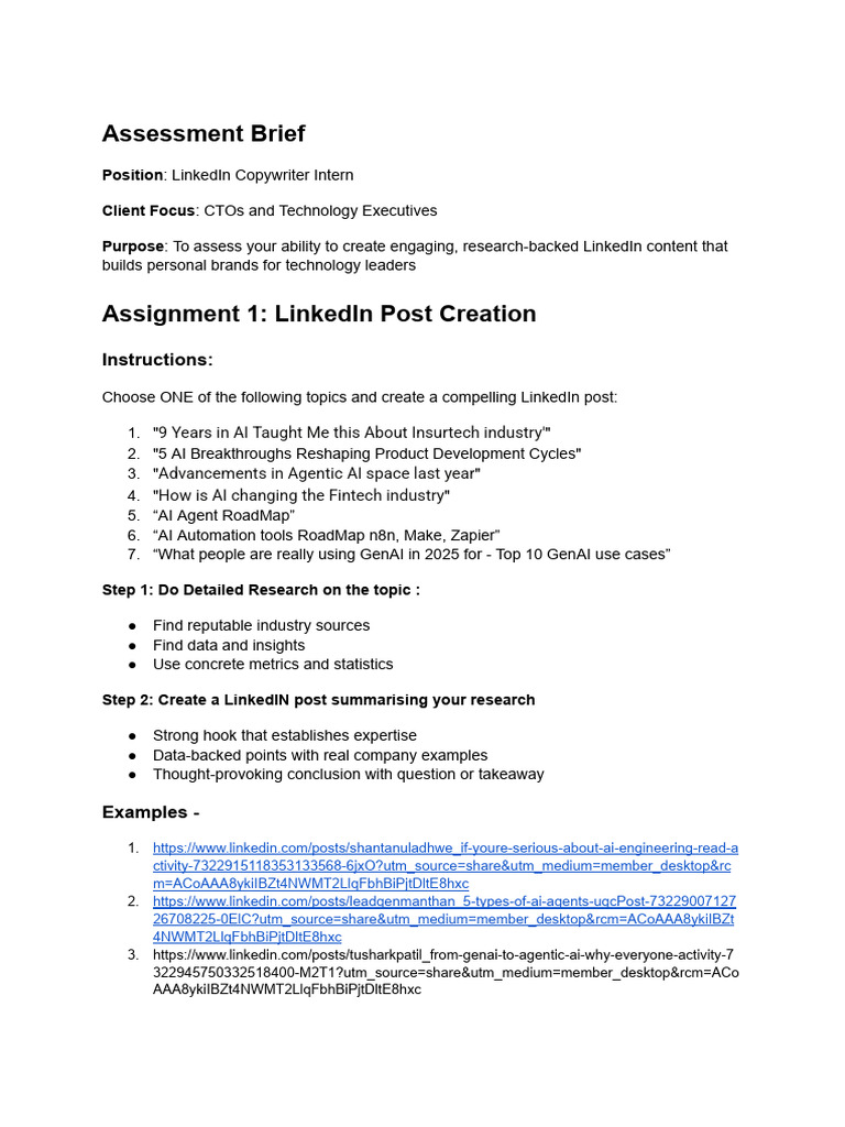 LinkedIn Copywriting Internship Assessment | PDF | Artificial ...