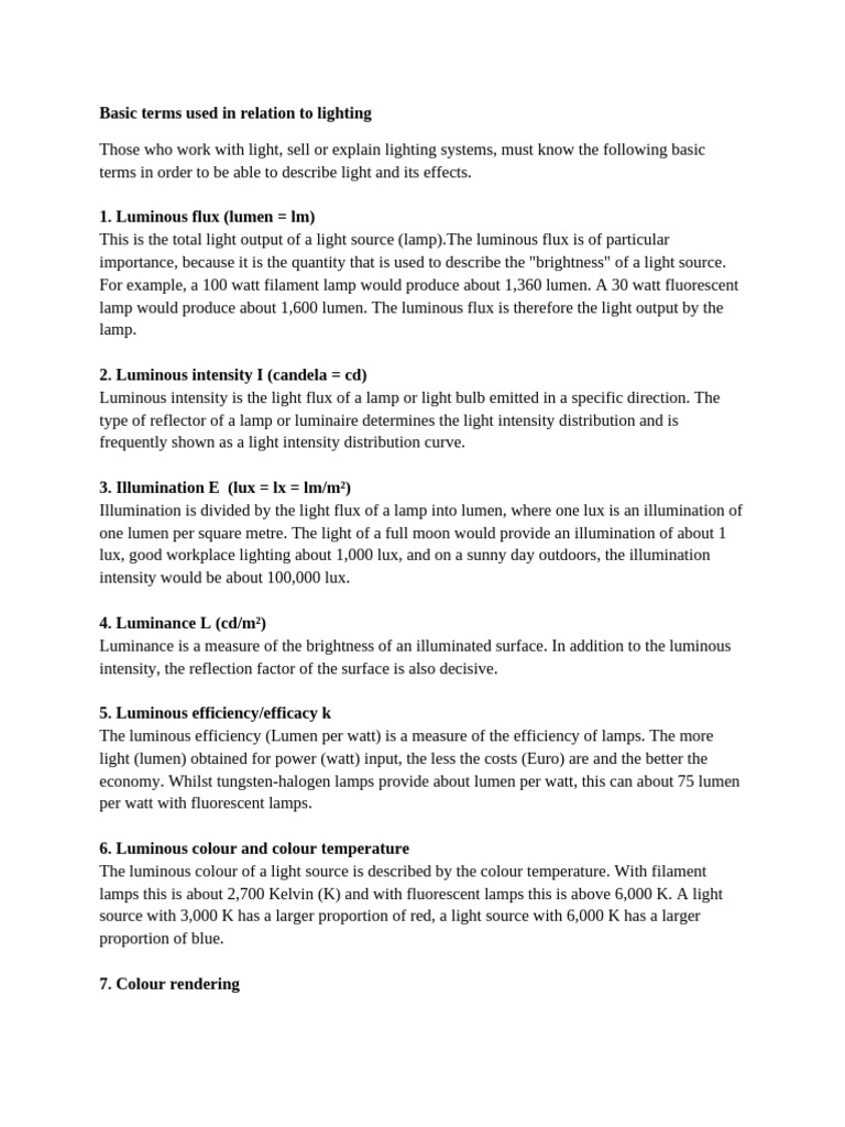 Basic terms used in relation to lighting notes | PDF | Lighting ...