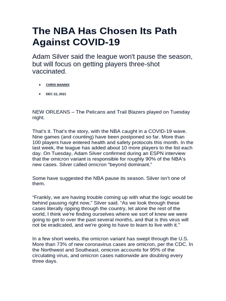 The NBA Has Chosen Its Path Against COVID | PDF | National Basketball ...