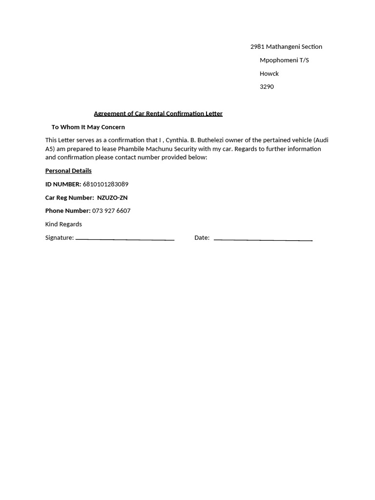 Car Rental Confirmation Letter | PDF