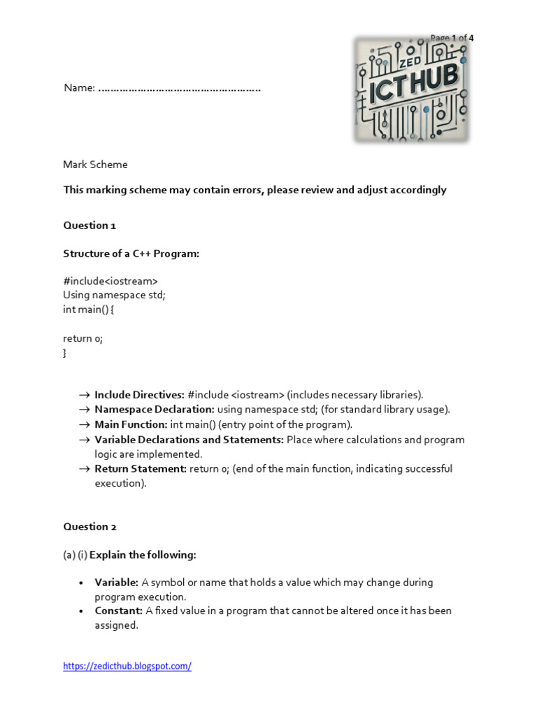 2024 Senior CS ZedICTHub C++ Answers | PDF | Computer Program | Programming