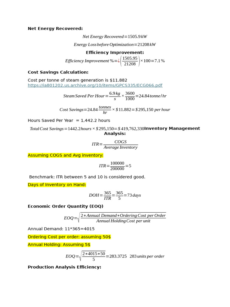 Energy Recovery and Cost Savings Analysis | PDF | Inventory ...
