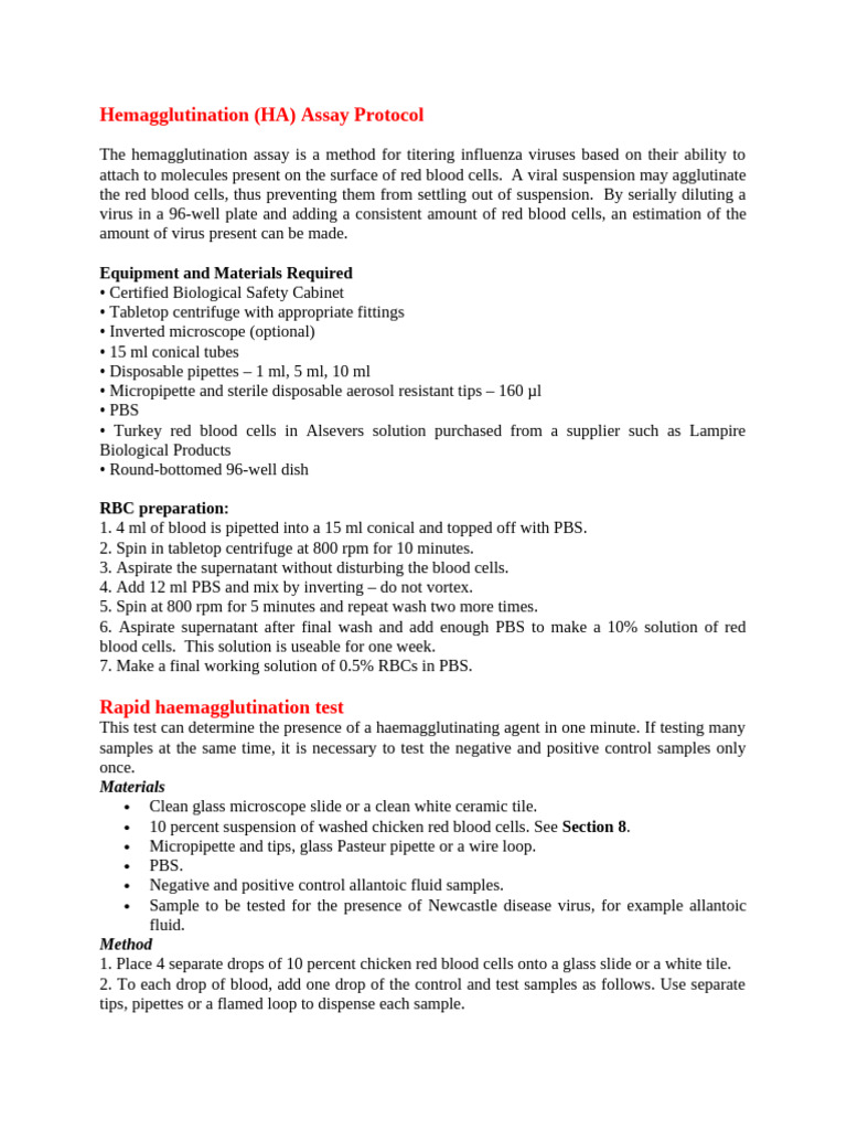 Hemagglutination Assay Protocol | PDF