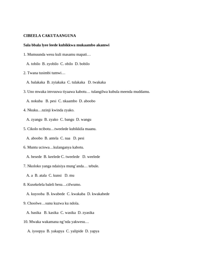 Grade 7 Chitonga Exam Papers 2022 | PDF | Tone (Linguistics) | Bantu