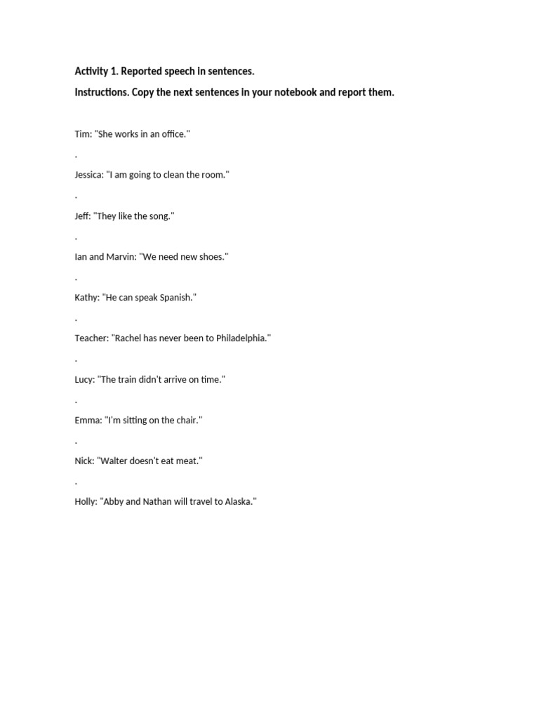 Activity 1 Reported Speech in Sentences | PDF