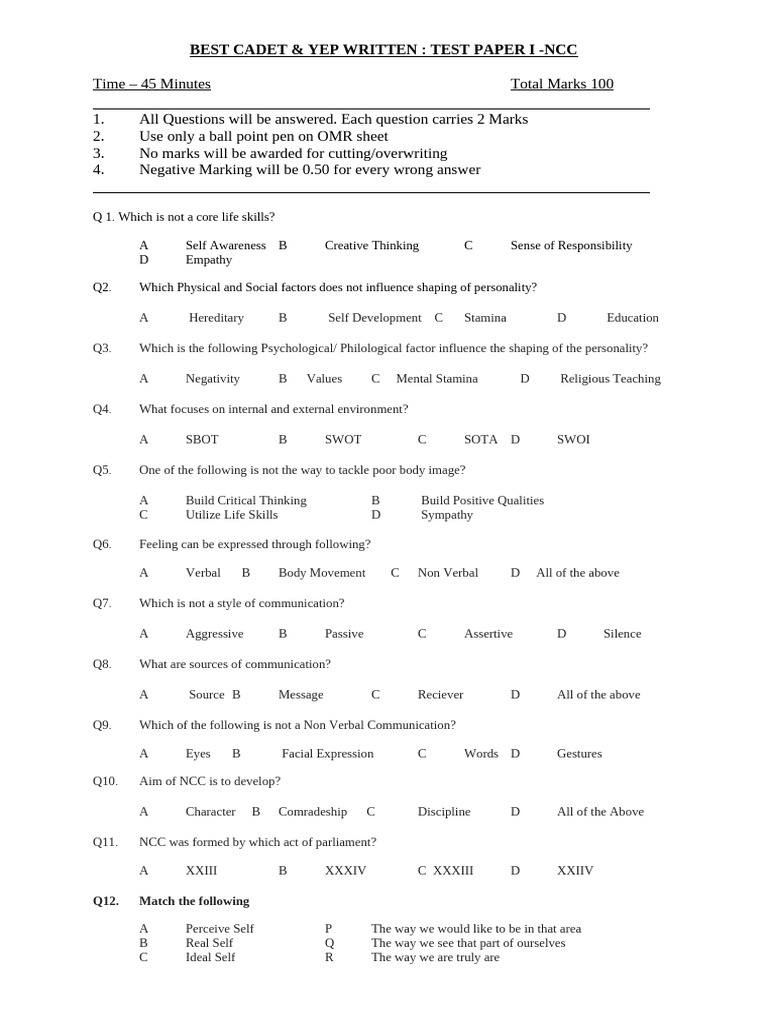 NCC Best Cadet YEP Test Paper I | PDF | Nonverbal Communication ...