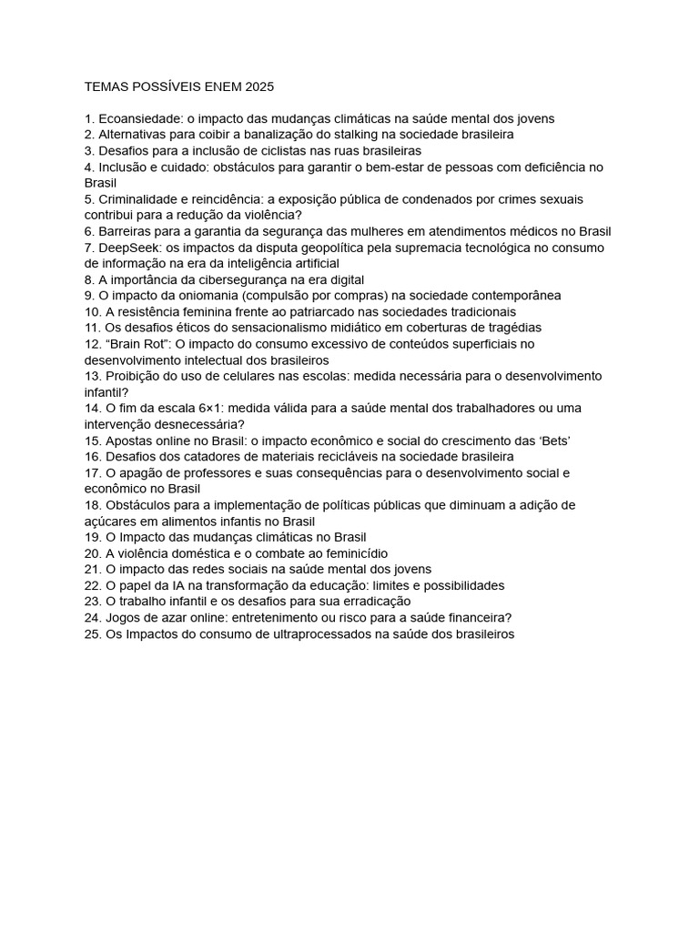 Temas Possíveis Enem 2025 | PDF