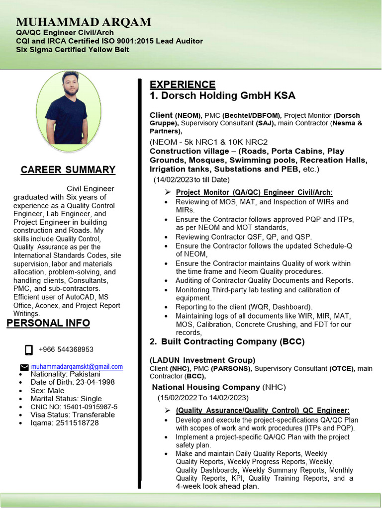 QA/QC Engineer Profile: Muhammad Arqam | PDF | Concrete