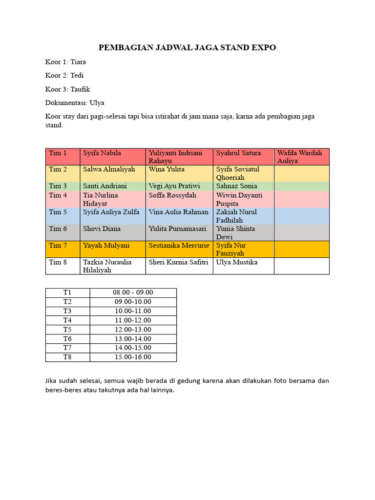 Jadwal Jaga Stand Expo Tim dan Koordinator | PDF