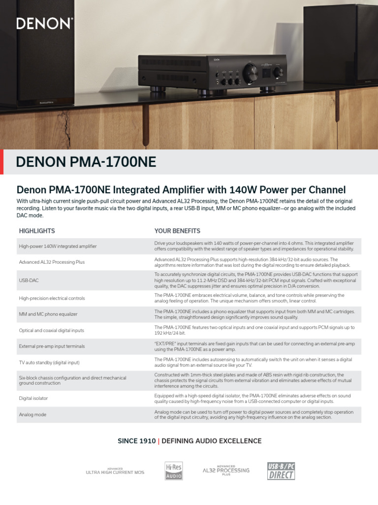 Denon PMA-1700NE Integrated Amplifier | PDF | Amplifier | Digital To ...