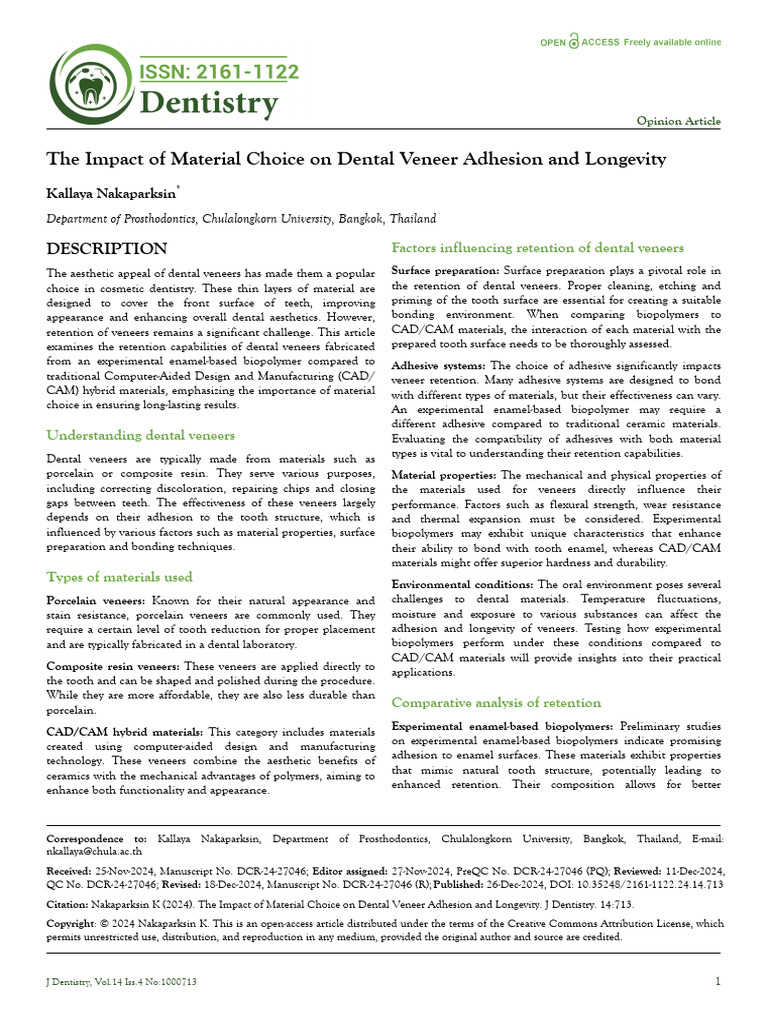 Dental Veneer Material Impact on Adhesion | PDF | Materials | Dentistry ...