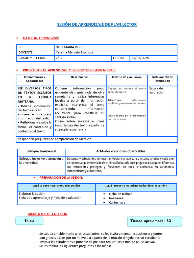 Sesión de Plan Lector - 29 de Mayo | PDF | Aprendizaje | Información