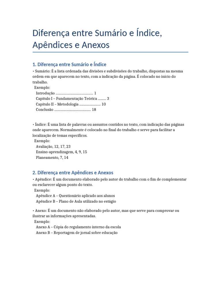 Diferenças entre Sumário, Índice e Anexos | PDF