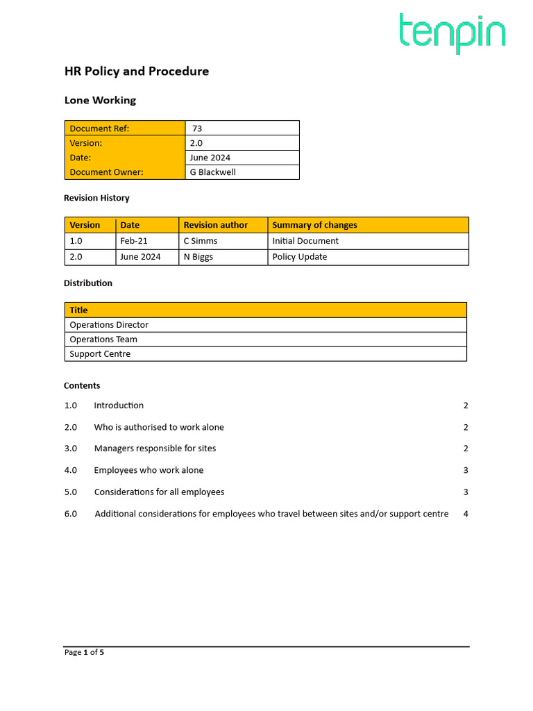 Lone Working HR Policy Overview | PDF | Occupational Safety And Health ...