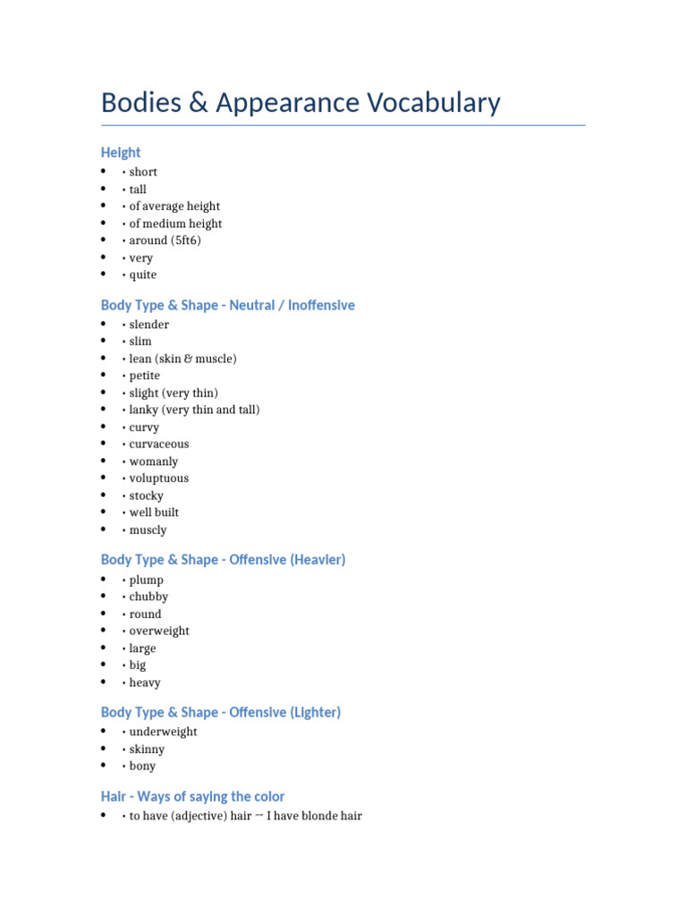 Bodies and Appearance Vocabulary | PDF